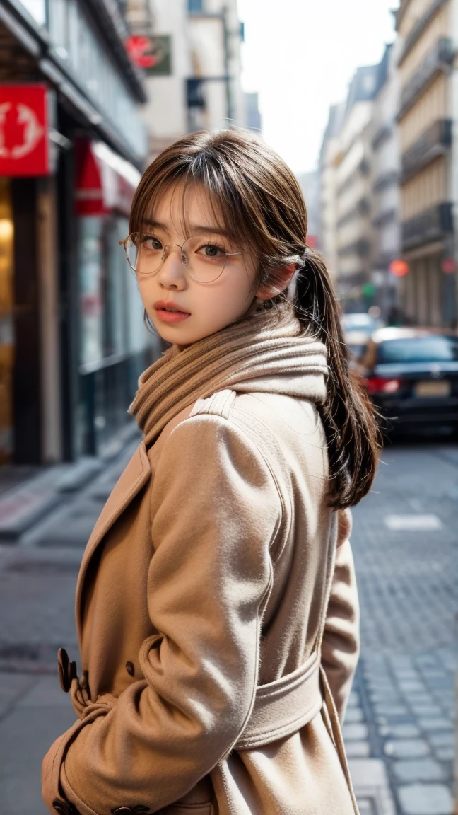  ponytail, White scarf ,Wear a dark brown coat, Seductive lips ,  lip gloss, Seductive lips, 艶やかな  lip gloss, , ((  eyes staring at viewers )),  foot pose 1  , Sharp Eye, High Concentration  ,  makeup eyes  , iris, Natural tear troughs, small nose,Beautiful Nose, Best Quality, 最 High image quality, Realistic, ( High image quality:1.2), , ( 1 on the face .3 ),Kissing Face, ( Poke out your lips ), autumn, A little cold, Wear warm clothes, Stylish, Paris cityscape, Stylishな街並み, White scarf着用,  Wearing a Light Brown Long Coat ,  sandy beach, Moe sleeves,  I'm taking a picture from a distance ,Height: 172cm, Best Style,  Scarves and coats are different colors , Wearing glasses,  wearing glasses slightly offset downward ,  has a bag , Wearing a crochet , Stylishな白色のクロッシェ,  looks back , I'm walking,  viewers call her from afar,  she looks back , full body portrait 