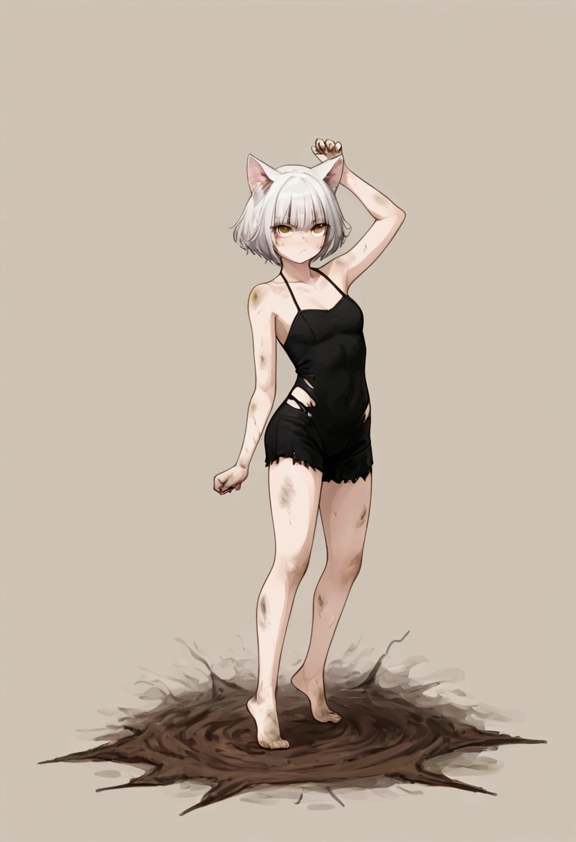 A Cat Girl,    big and strong very strong  ,   short hair with bangs,White,face dirty with dust,  short clothes, Ripped and torn .      full body   ,  Ataca pose 