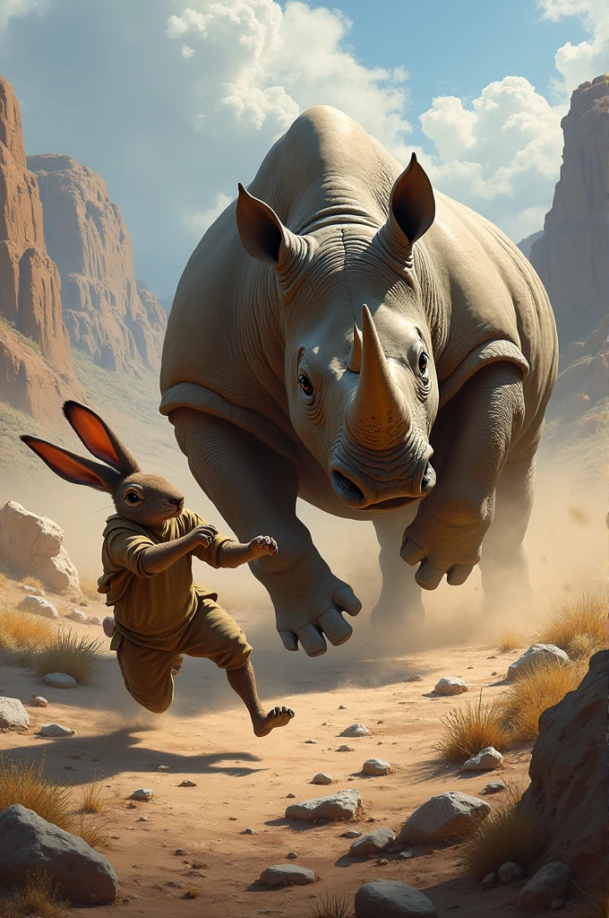 Rocky Rabbit with a six-pack body and a very tall height in the middle of the desert in Africa with an animal kills the milk that had suckled the hamster and saves the hamster.