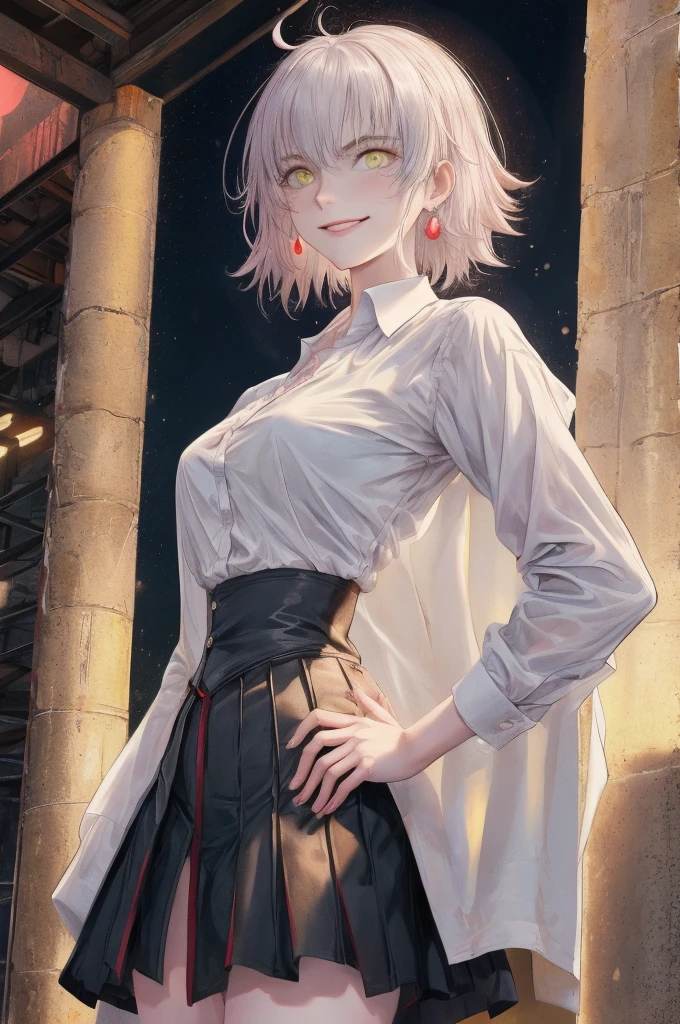 masterpiece, best quality, CG, wallpaper, HDR, high quality, high-definition, extremely detailed, jalter, looking at viewer, upper body, hands on hips, disgusted, looking down,white shirt skirt,gorgeous shirt,pinksilver hair,shirt hair,smile,jeanne d'Arc Alter,fgo,real anime,cinematic light,perfect background,city,moonlight,neon light,16k,super detail,clear eyes,detail hair,yellowgold color eyes