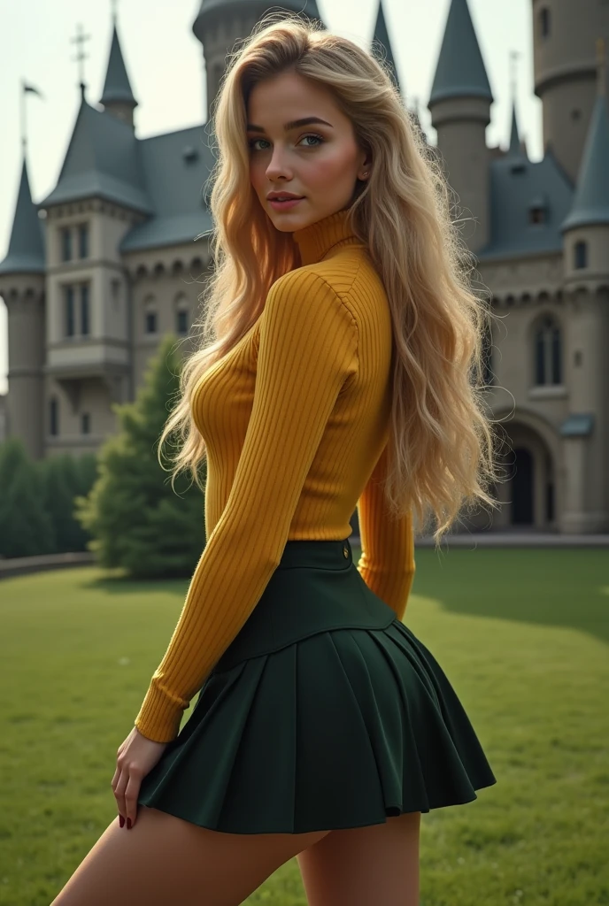 22 year old white female、hair color is blonde、blue eyes、long hair、The ends of the hair are wavy、Her hair is cut into a bob with fringe.、accessories on wrist、wearing a necklace、has earrings、skin is smooth、ruddy、Slender but muscular body、smile、high resolution、My heart is pounding、I'm wearing a mini-length pleated skirt、I'm punching my chest、erotic look、wearing a high neck sweater dress、Wearing a hairband、I'm wearing lace gloves、I'm sitting on the stone steps in the city, hugging one knee.、smile
