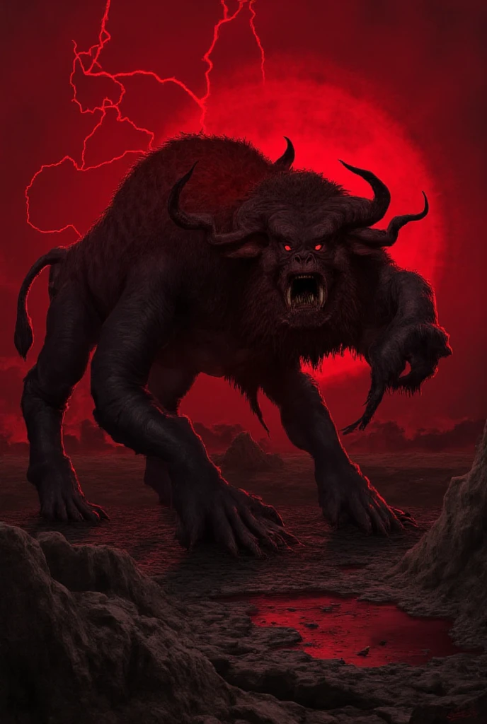 Black Dog Barghest, have 2 horns on the head, scary hell scene