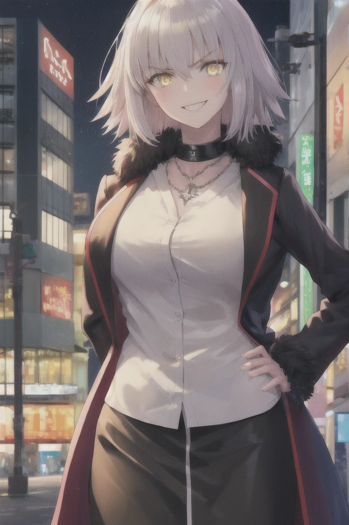 masterpiece, best quality, CG, wallpaper, HDR, high quality, high-definition, extremely detailed, jalter, looking at viewer, upper body, hands on hips, disgusted, looking down,white shirt skirt,gorgeous shirt,pinksilver hair,shirt hair,smile,jeanne d'Arc Alter,fgo,real anime,cinematic light,perfect background,city,moonlight,neon light,16k,super detail,clear eyes,detail hair,yellowgold color eyes