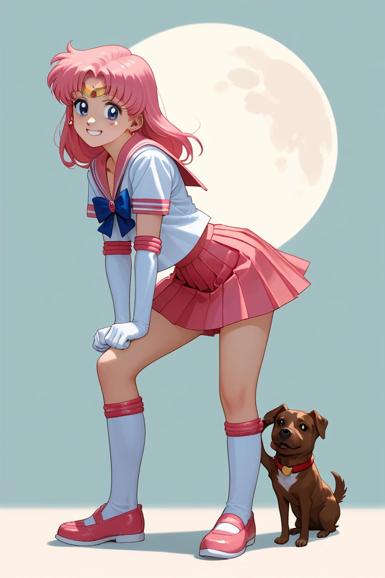 masterpiece, best quality, absurdres, perfect antomy, 1girl, solo, SMMoon, 1990s \(style\), sailor chibi moon pink hair, bending down to pet a puppy, petting a small dog,  smile, cowboy shot, sailor senshi uniform pink, pink sailor collar, Pink pleated skirt, elbow gloves, in back pose, show her booty, backwards, no thong booty, full body, bending down to pet in back pose, looking down at a puppy