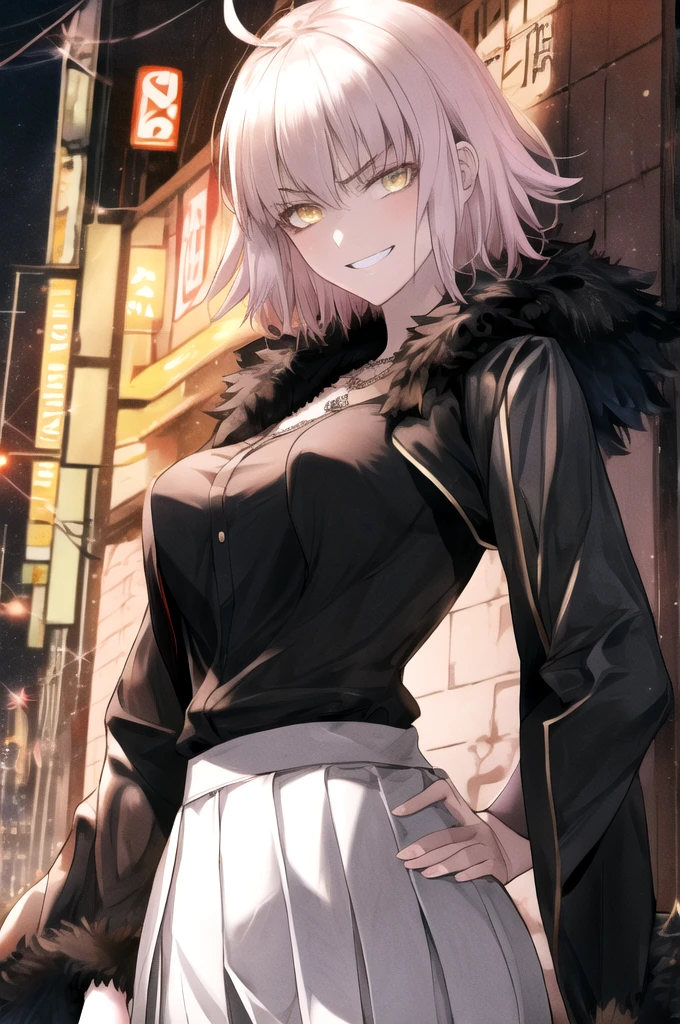 masterpiece, best quality, CG, wallpaper, HDR, high quality, high-definition, extremely detailed, jalter, looking at viewer, upper body, hands on hips, disgusted, looking down,white shirt skirt,gorgeous shirt,pinksilver hair,shirt hair,smile,jeanne d'Arc Alter,fgo,real anime,cinematic light,perfect background,city,moonlight,neon light,16k,super detail,clear eyes,detail hair,yellowgold color eyes