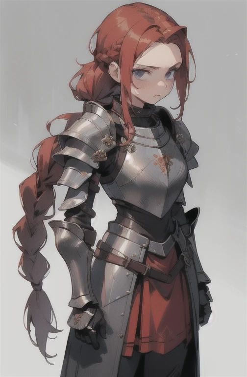 (masterpiece, ultra-detailed, high resolution, best quality:1.2), (anime, full body, standing posture, Simple Background, plain background), (1girl, female knight), (redhead, forehead, Less volume hair), (Pauldrons, Breastplate, Ford, Vambrace, Gauntlets, Tassets, Greaves, Sabatons), (Her hair is tied in a single braid at the back:1.5)