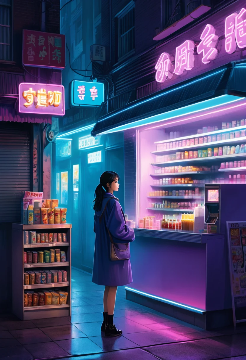 1girl, midnight convenience store, aesthetic, Neon Night page, vibrant city lights, dimly lit shelves full of snacks and drinks, a cashier with tired eyes, fluorescent lighting casting a soft glow, late-night customers browsing the aisles, flickering neon signs outside the store, a sense of mystery and solitude, a hazy atmosphere with a touch of nostalgia, cinematic and atmospheric, high-res details capturing the smallest nuances, a combination of realism and dream-like quality, urban aesthetic blending with a hint of surrealism, cool blue and purple tones, soft shadows and subtle highlights, an ambiance that evokes a sense of tranquility and possibility in the midst of the night.