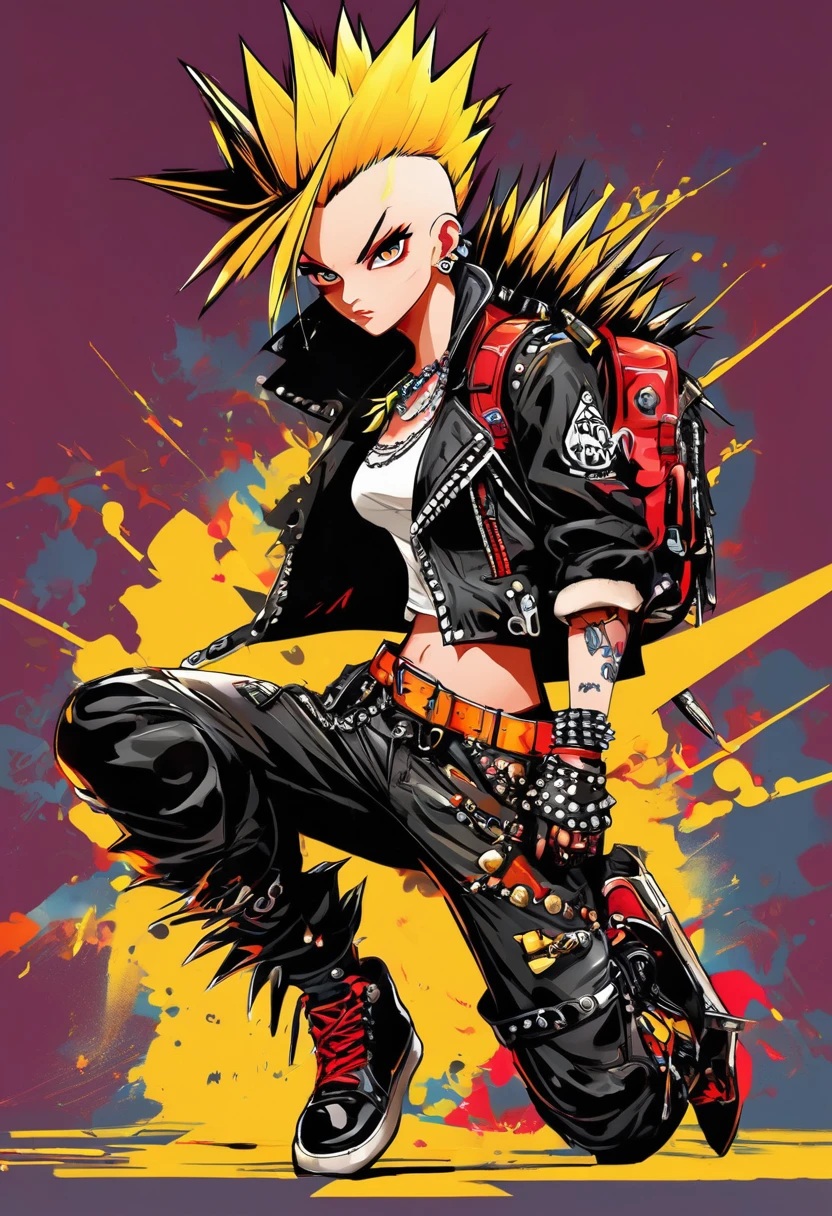 (( full body, plano general:1.6),punk rebelled, young punk,clothes with spikes, ((by mohawk:1.5)), ((action pose:1.5)), revolutionary, punk clothing top leather pants,  masterpiece , High definition, best 4k image, 8K,  highly detailed and expressive eyes, ((vivid colors, red, orange, yellow, :1.4)), High definition