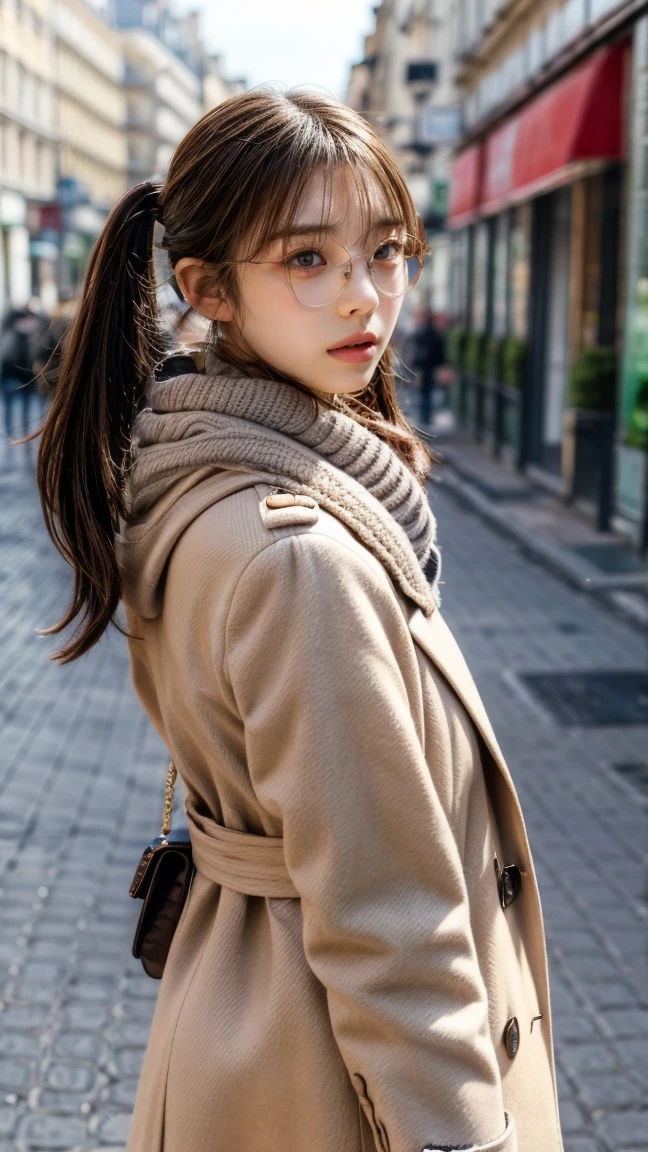  ponytail, White scarf ,Wear a dark brown coat, Seductive lips ,  lip gloss, Seductive lips, 艶やかな  lip gloss, , ((  eyes staring at viewers)),  foot pose 1  , Sharp Eye, High Concentration  ,  makeup eyes  , iris, Natural tear troughs, small nose,Beautiful Nose, Best Quality, 最 High image quality, Realistic, ( High image quality:1.2), , , autumn, A little cold, Wear warm clothes, Stylish, Paris cityscape, Stylishな街並み, White scarf着用,  Wearing a Light Brown Long Coat ,  sandy beach, Moe sleeves,  I'm taking a picture from a distance ,Height: 172cm, Best Style,  scarf and coat are different colors , Wearing glasses, I'm wearing my glasses slightly offset ,  has a bag , Wearing a crochet , Stylishな白色のクロッシェ,  looks back , Walking around town ,  viewers stop her from afar,  she looks back , Soft Smile,　She's wearing big headphones  