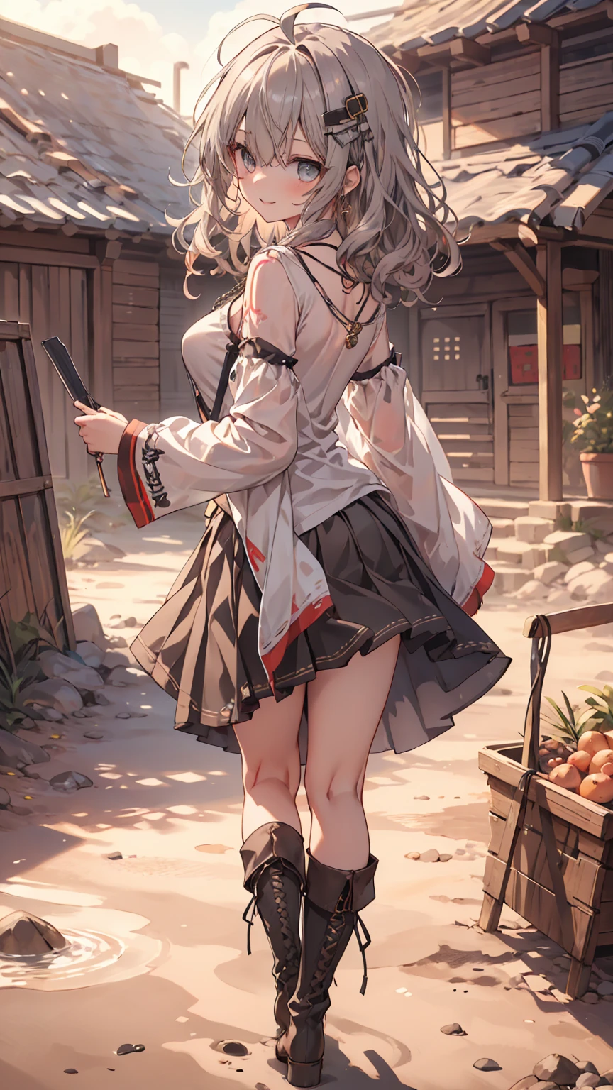 masterpiece, 1 girl, sparrow, a grey haired girl, wearing a medieval villager clothes, curly medium hair, messy hair, slim body, he close her left eye, shirt ornament, ruby eyes, ahoge, baby face, beautiful eyes, droopy eyes, her age is 19, nagisa_bluearchive, seductive face, medium hair, seductive smile, curly hair, MongolPunkAI, medium breasts, view from back, she tease you, lend a hand to you, she very close to you, smug smile, rainbow_one, shirt, mini skirt, crocth tattoo, necklace, erotic smile, barn, long sleeves, boots, pleated skirt