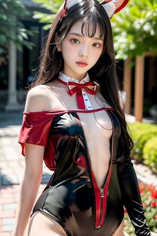 Beautiful girl small breasts、smile、Wearing a sturdy black jacket, Long hair with a loose perm, ,Cyberpunk Red Green Background、(((Upper body naked))),(((Nipple details))),Young face,Young 、Long eyelashes、Sweaty