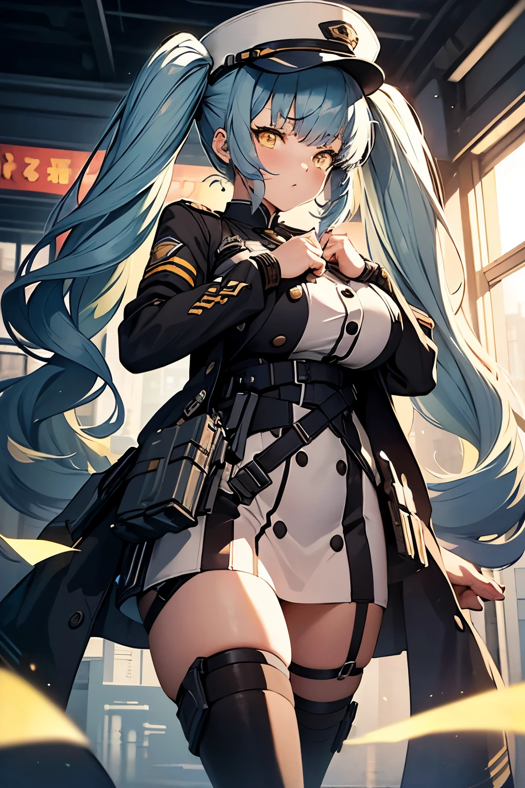 (best quality:1.3), (masterpiece:1.3), (illustration:1.3), (ultra-detailed:1.3), (mid shot:0.9), 1girl, solo, military uniform, long sleeves, straps, black thighhighs, white uniform, large breasts, yellow eyes, blue hair, twin tails, holster, hat, embarrassed, tsundere, looking at viewer, gloves, coat,