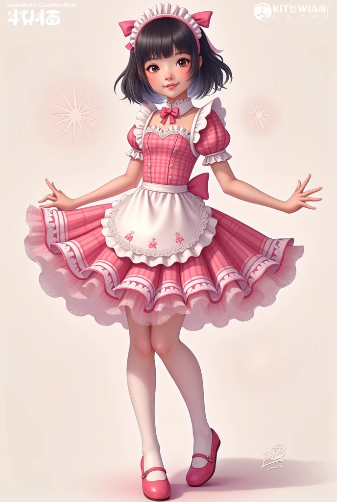 Minnie mouse standing, sexy beautiful face, doe shape eyes, full lips. slim body, breathtaking beauty, vibrant, comprehensive cinematic, 8k, cinematic lighting, best quality, 4k, perfect body, perfect long legs, (white stockings), ((pink short dress) with white polka dots), tiny body, slim body, tiny waist, long black hair