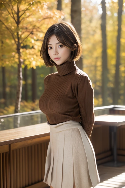 (8k, RAW photo, photorealistic, HQ, masterpiece), a cute Japanese woman, (glowing eyes), 
(cute pouting), brown hair, very short bob, (Autumn Stylish clothes), (turtleneck wool sweater:1.4), (skirt:1.4), large breasts, (Autumn cafe terrace in the forest), 
blurred background, depth of field, natural lighting, backlighting, face lightning, 