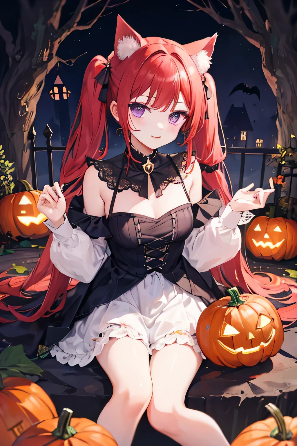 (Halloween theme:1.5), (fantasy:1.5), (Alice in wonderland:1.3), upper body portrait of a very busty beautiful women wearing halloween LITTLE RED RIDING HOOD costume, skin tight full lacy ultra detailed embroidery Dirndl, (fusion of red satin dirndl and gothic lolita:1.3), BREAK, ((D1.3, happy evil smile:1.2)), perfect face,perfect eyes,HD details,high details,sharp focus,studio photo,HD makeup,shimmery makeup,celebrity makeup, (bust up image:1.5), (centered image) (HD render)Studio portrait,magic, magical, fantasy,(huge breasts)(large breasts),(big breasts),(sagging breasts), tree, forest, halloween forest, jack-o'lantern, pink hair, halloween background, bright pumpkin, (RedHoodWaifu, (red hood, cap)), (arms down:1.3), (arms behind back:1.3), (hands between legs:1.3), (front view:1.3), wolf, from above,