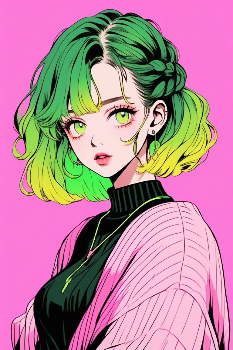 (Highest quality, sketch:1.2),Realistic,Illustrator,anime,1 Girl, Detailed lips,sweater,custom,Pink gradient background,Neon Hair,Texture Cropping,masterpiece, Style: Retro Classic, Dark Black、Braid、Eyes are yellow-green、Pink and yellow-green gradient hair color 