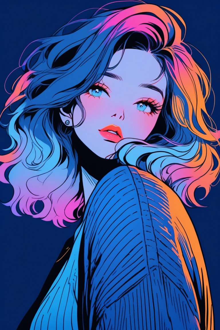 (best quality, sketch:1.2),realistic,illustrator,anime,1 girl, detailed lips,sweater,custom,blue gradient background,neon hair,textured cropping,Canadian, masterpiece, style retro classic, noir dark 