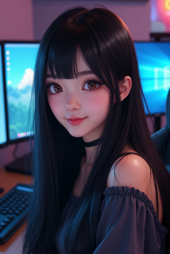 (masterpiece), dynamic lighting,1 girl, solo, beautiful eyes, 18 years old, long dark brown hair, Messy hair tied in twin tails , blue eyes, tank top, black Jacket, shorts, Playing games, ((lighting from a computer)), ((high angle)), indoor, (night), (dim room)