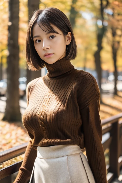 (8k, RAW photo, photorealistic, HQ, masterpiece), a cute Japanese woman, (glowing eyes), 
(irritated ), brown hair, very short bob, (Autumn Stylish clothes), (turtleneck wool sweater:1.4), (skirt:1.4), large breasts, (Autumn cafe terrace in the forest), 
blurred background, depth of field, natural lighting, backlighting, face lightning, 