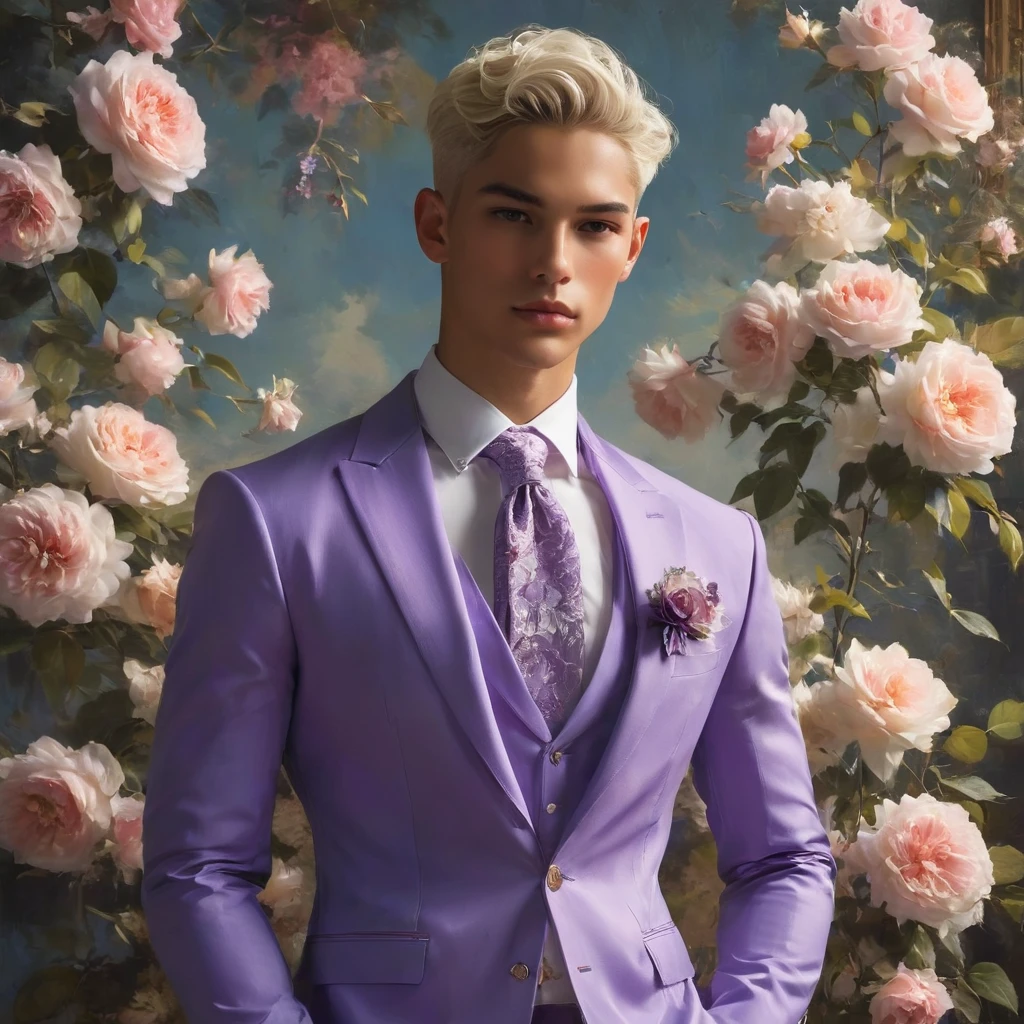 Candid Vogue fashion,  Full Height,  mixed Latin American and Japanese origin , supermodel, 25 years old,  short platinum silver white hair ,  masculine appearance with a slim build , symmetrical face,  natural olive skin color ,  radiates youth and athleticism , he is very photogenic ,  Position against a gorgeous dark purple background with purple and white rose floral wallpaper,  to add depth and richness to the scene ,  Picture Lucifer as a charismatic and sophisticated person ,  He is a vivid presence with an aura of mystery and intelligence .  wears a well-fitted ,  light purple blazer over a white shirt ,  in dark jeans and stylish shoes .  His demeanor is confident and charming .,  with a subtle hint of his divine origin in his calm and intense gaze .  The background must be modern .,  urban setting with a combination of elegance and ease , evoke the soft, ethereal quality of Renaissance style, RAW photo, masterpiece,  better quality,  High definition ,  Ultra Realistic , photoRealistic,  Note the location of the body parts and surrounding objects ,  Note the body composition ,  Right body structure , Correct photo distance,  romantic atmosphere , live extremely magnificent background,