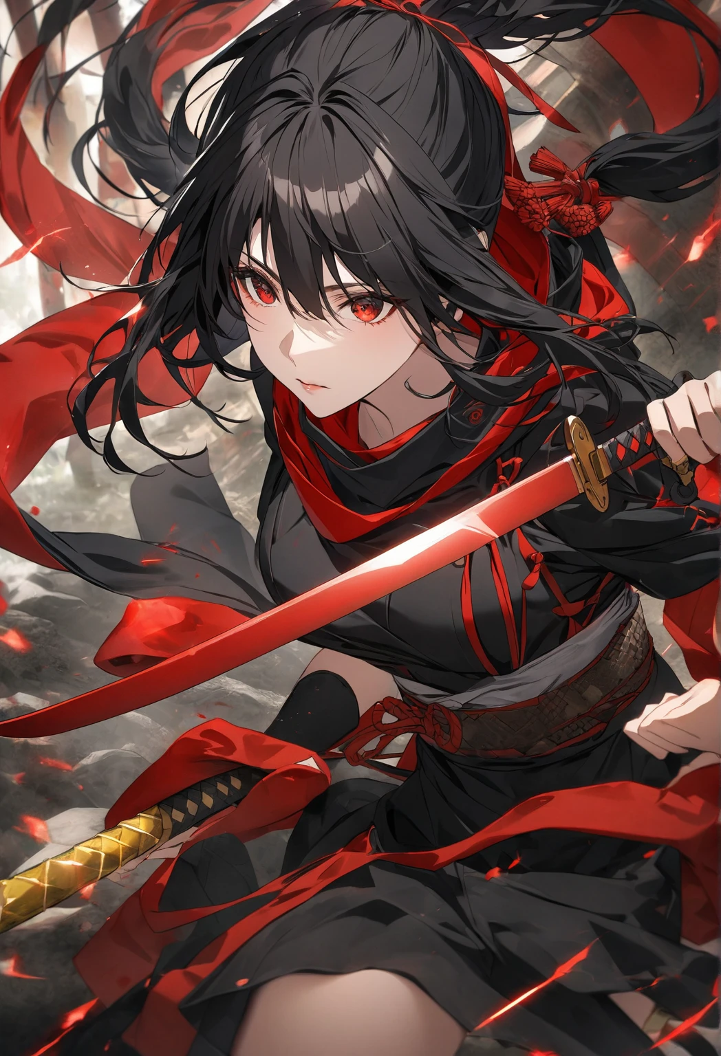 "Create an illustration of a futuristic female ninja with black hair, wearing a detailed and modernized ninja costume and equipped with traditional and technical weapons. She has long black hair tied with a red ribbon and a symbol of bee, she has red eyes. She must be wearing an advanced black outfit with red accents that include letters. She holds a sword with intricate patterns on the hilt and sheath. The setting is Edo period.Volumetric lightning adds a touch of magic, highlighting your beauty and aura in a supernatural way. A tecnologia High Dynamic Range (HDR) makes the cores stand out, adding richness to the overall composition. Finally, this art presents an unreal portrait. BLACK HAIR, Red Eyes