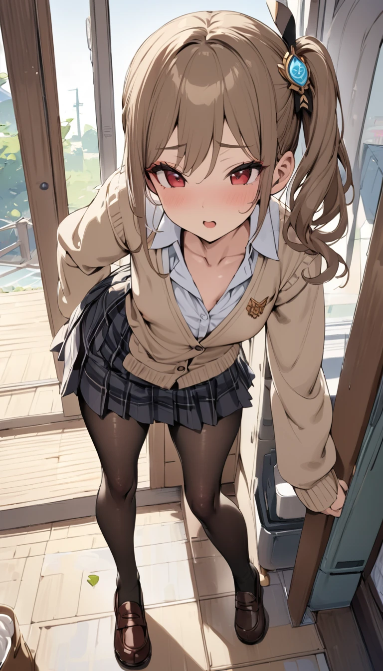  score_9,  score_8_up,  score_7_up, Best Quality ,masterpiece, 4K, (masterpiece),( best quality),(Super detailed),(  best illustration),( best shadow ),(Absurd),( detailed face),((  very aesthetic)),  1 girl,small breast, school uniform,gray and black plaid skirt,  cream cardigan ,Moe sleeves,   white blouse,black pantyhose, black footwear,brown loafers,standing,full body, I'm looking at this, low angle, chiori, 1girl, red eyes, brown hair, side ponytail, makeup, hair ornament,
vision (genshin impact),