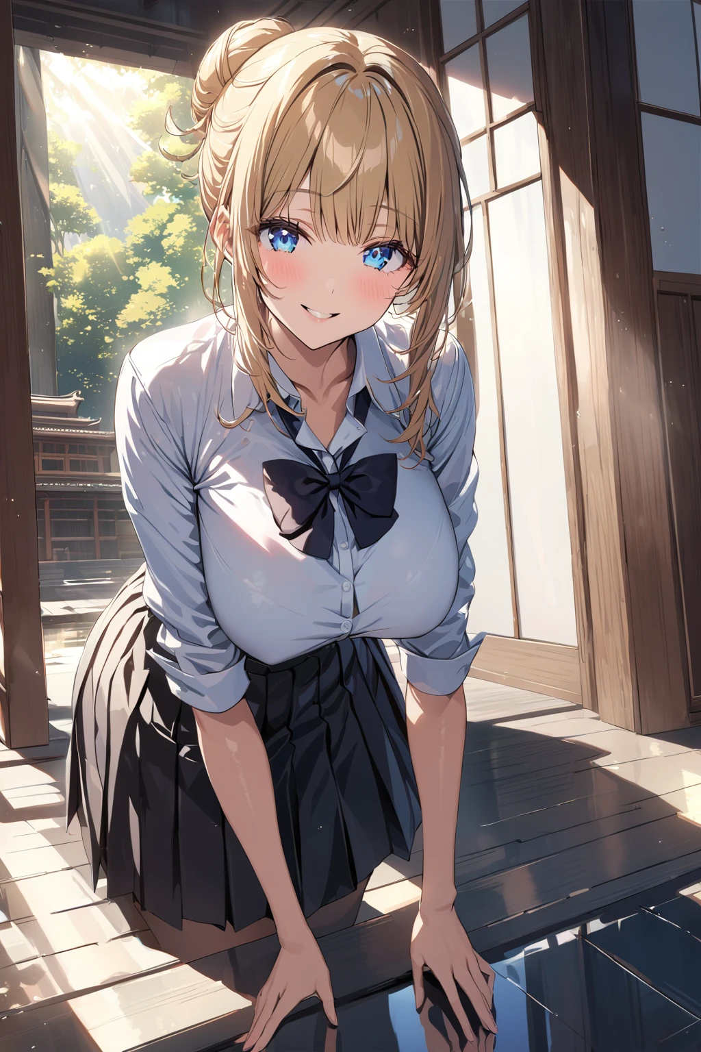 Extremely detailed and delicate, Natural Light, sunlight, light, Scattered Light, reflection,  Shadow,  ray tracing, masterpiece, Best Quality,  Very Detailed,
  1 girl, Hinano,  single hair bun,  big breasts at the temple,  blond hair, bangs,  blue eyes,  watching viewers , Kogal (School uniform with a white-collared shirt, BLACK BOW,  black pleated skirt ), smile,