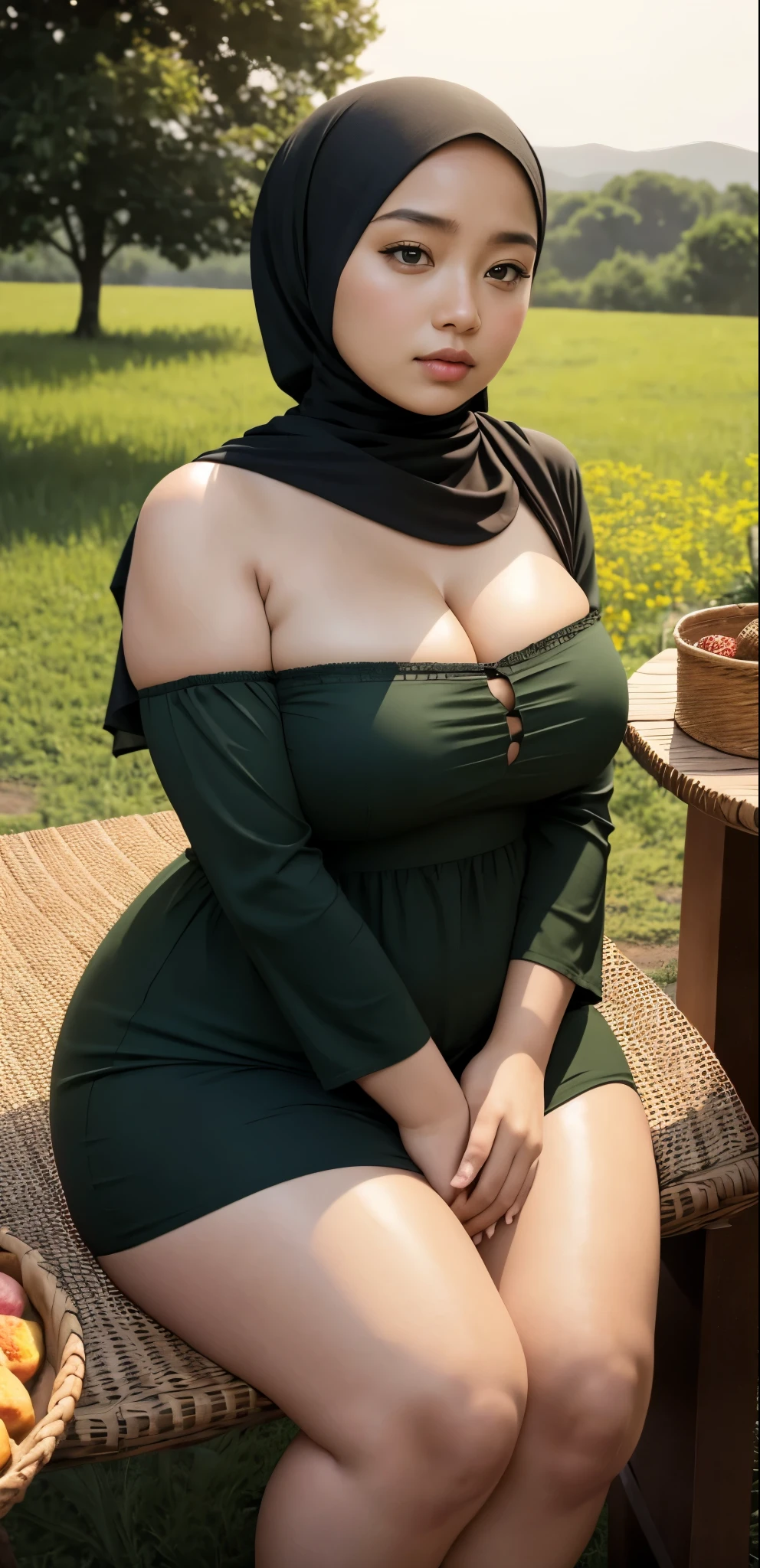 ( Close Up),RAW, Best quality, high resolution, works: 1.3), Beautiful Malay woman in hijab, Masterpiece, fit body, big breasts, beautiful big eyes, Soft smile, beautiful face, woman sitting at a table in a green meadow, traditional beauty, moment sunset, in the field, in the countryside, beautiful woman, with the sunset, wearing a soft long dress,muslim, on a wooden table, hijab, beautiful woman, with a beautiful appearance, a very beautiful masterpiece, a masterpiece of art, good lighting, Bright colors, Clean lines, chubby body, wide chubby hips, chubby arm, chubby massive thighs , massive cleavage , massive armpits , white armpits , armpit hair , extra cleavage, full body 