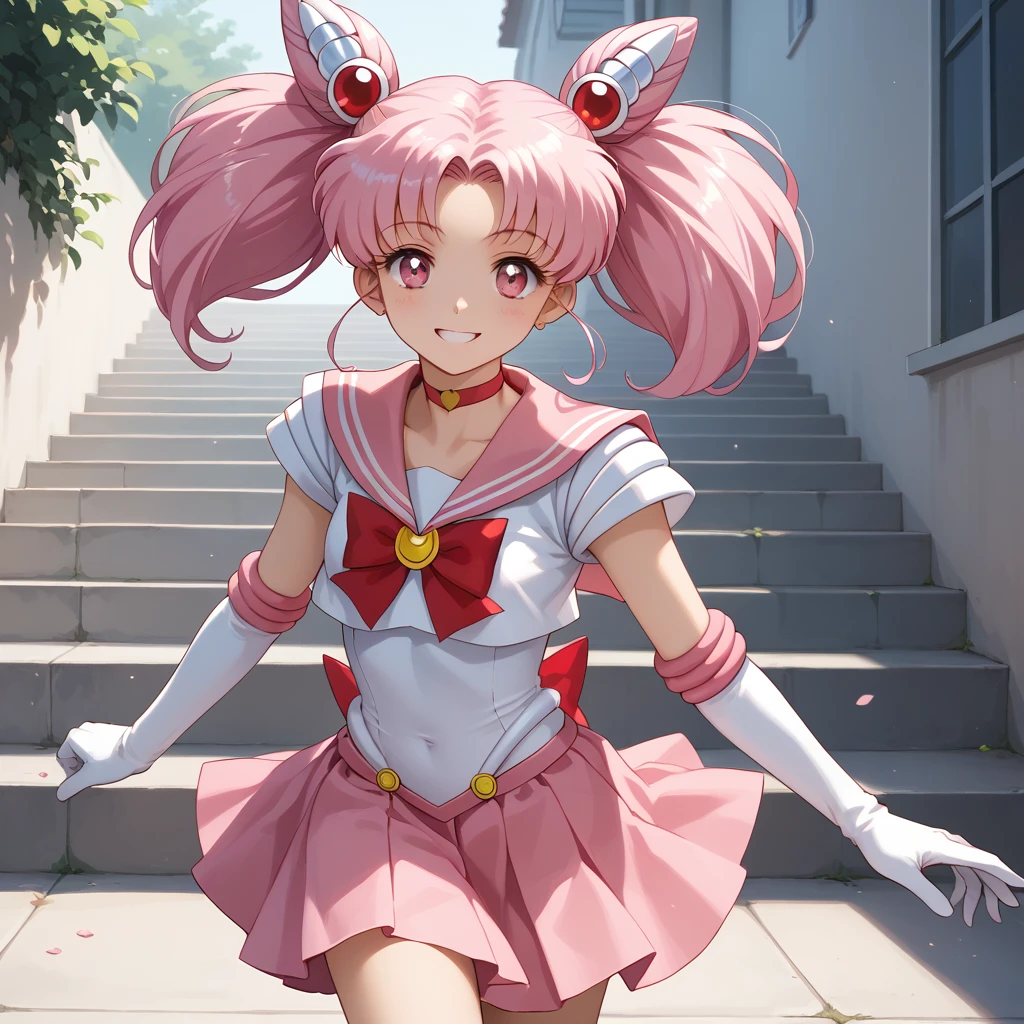 masterpiece, best quality, absurdres, perfect antomy, 1girl, solo, SMMoon, 1990s \(style\), sailor chibi moon pink hair, pink pupils eyes, walking up the stairs, close-up, smile, cowboy shot, sailor senshi uniform, pink sailor collar, Pink skirt, elbow gloves, in back pose, show her booty, backwards, no thong big booty, full body