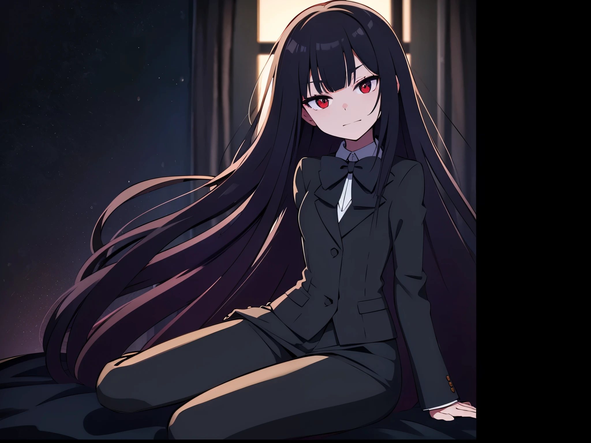 in bed room, a beautiful female sitting on the bed1:3, wearing a black blazer, school uniform, straight long hair, thin legs, pantyhose (black), dark brown bowtie, black skirt, looking away1:2, (best quality,4k,8k,highres,masterpiece:1.2), ideal ratio body proportions, small head1:2, clear detailed face, high nose(1:2), large mouth, red eyes, a standing 8k, intense gaze, dark eyelashes, slightly hanging eyes, evil grin,