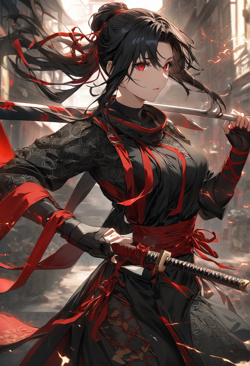 "Create an illustration of a futuristic female ninja with black hair, wearing a detailed and modernized ninja costume and equipped with traditional and technical weapons. She has long black hair tied with a red ribbon and a symbol of bee, she has red eyes. She must be wearing an advanced black outfit with red accents that include letters. She holds a long NEEDLE with intricate patterns on the hilt and sheath. The setting is Edo period.Volumetric lightning adds a touch of magic, highlighting your beauty and aura in a supernatural way. A tecnologia High Dynamic Range (HDR) makes the cores stand out, adding richness to the overall composition. Finally, this art presents an unreal portrait. BLACK HAIR, Red Eyes