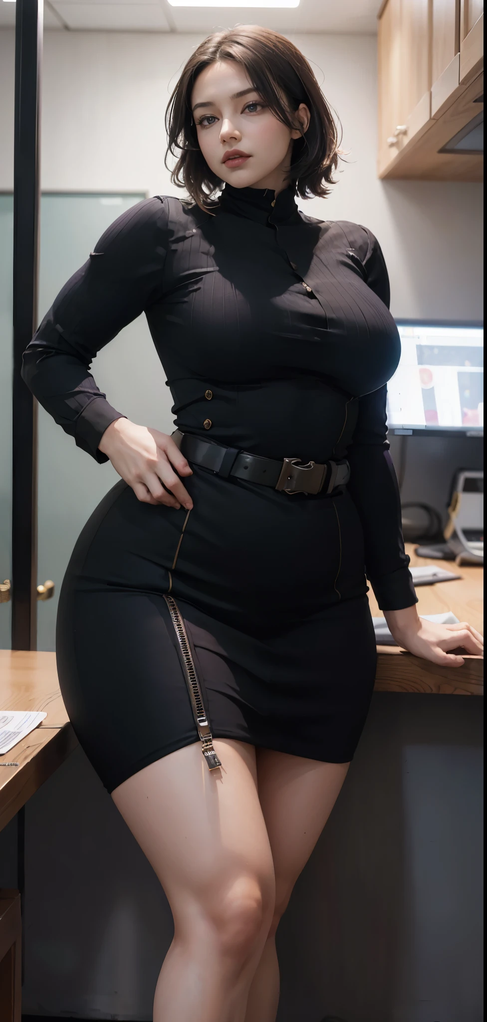 woman(upper body:1.2 1girl, masterpiece, best quality, ultra-detailed, illustration, finely detailed eyes and detailed face) Clothes: military outfit, special force general, Appearance: black hair in a , natural makeup, (purple eyes:1.05), wide hips, massive breasts, alluring, motherly, looking at viewer, curvy, voluptuous, full body, (mature female, milf:1.1), solo, (curvy:1.1), big ass, thick thighs, milf, modern military office background, sitting down, legs crossed