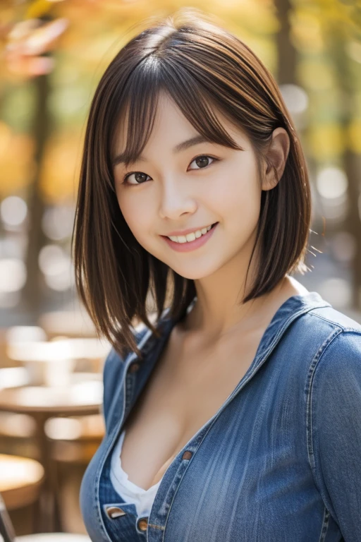 (8k, RAW photo, photorealistic, HQ, masterpiece), a cute Japanese woman, (glowing eyes), 
(cute smile), brown hair, very short bob, (Autumn Stylish clothes), (camisole:1.4), (jeans:1.4), large breasts, (Autumn cafe terrace in the forest), 
blurred background, depth of field, natural lighting, backlighting, face lightning, 