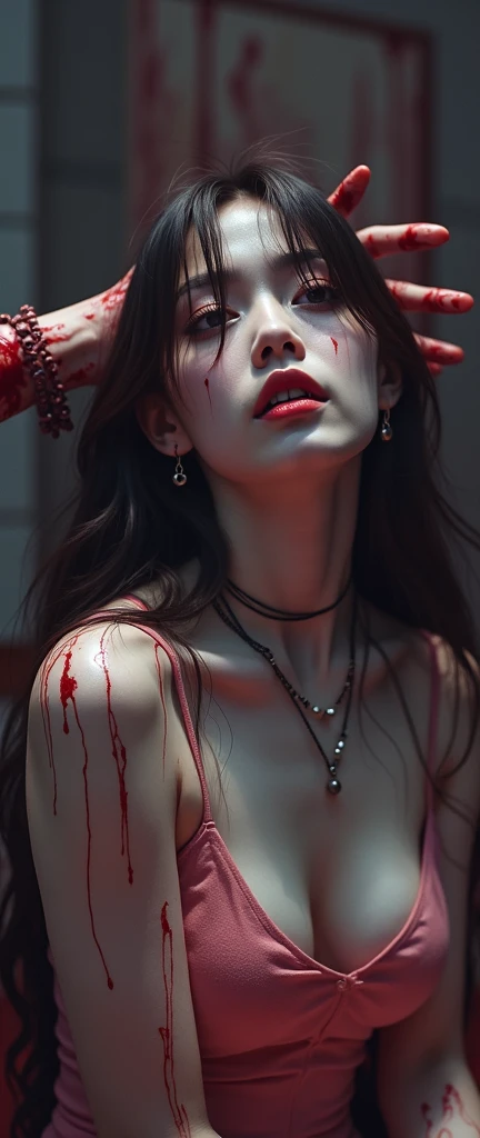 Best quality, masterpiece, ultra high res, (photorealistic:1.4), 1girl,(in the dark, deep shadow, low key:1.3),(sexy Dracula:1.2) ,(fang, blood, bleeding from the mouth:1.2), black dress, (horror),(blood on face and body:1.2) ,red crystal earrings, red crystal necklace,