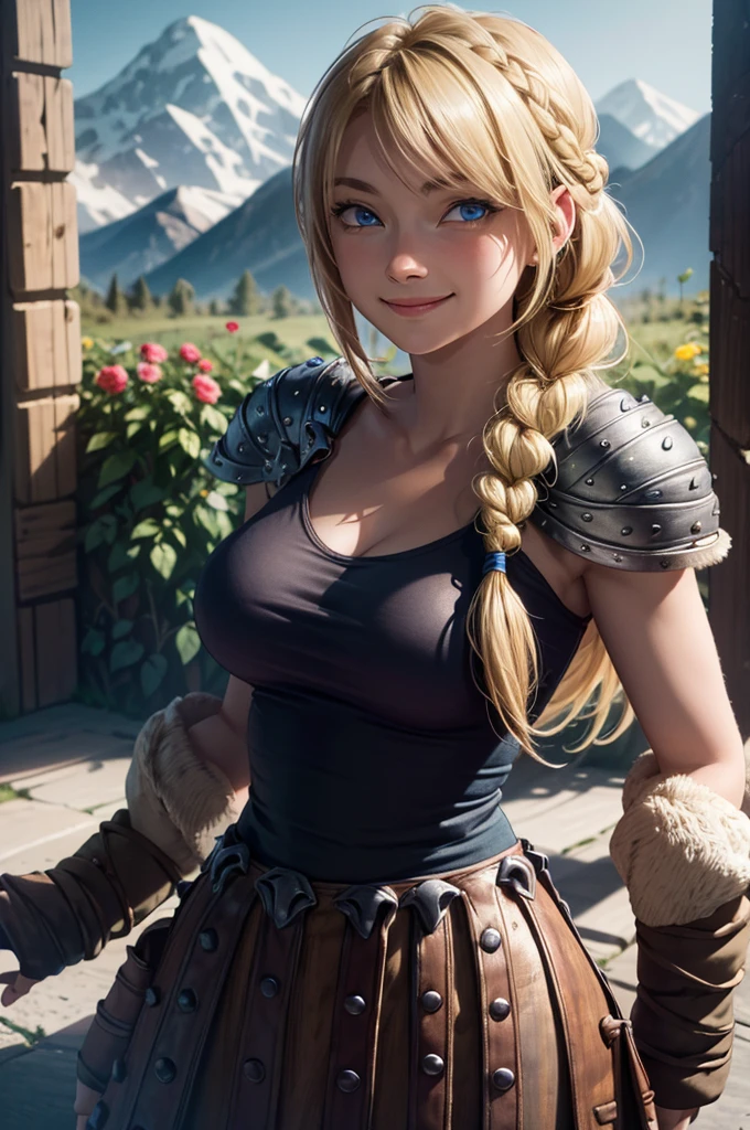 astridWaifu, blue eyes,short blonde hair, braided hair, armor, blue shirt, pantyhose, boots,looking at viewer, serious, smiling, sitting, on grass, leg raised, outside, grass, forest, natural lighting, high quality, masterpiece, <lora:Astrid_Character:.7>
