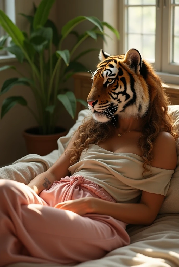 (photorealism:1.2), beautiful lion sitting on bed, wearing loose off-shoulder top, pajama pants, long curly hair, indoors, soft lighting, plants in background, window with sunlight, cozy room, relaxed pose, realistic, intricate details, warm colors,by Alphonse 