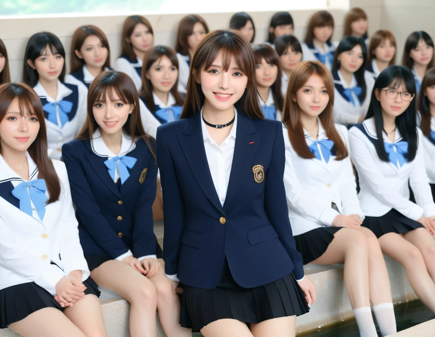 score_9, score_8, score_8up, score_7, Best Quality、masterpiece, group、((White tight shirt, navy blue blazer、 Miniskirt, uniform)), big breasts at the temple, ((layered haircut)), slender body sitting in a rock bath, Slim face(8k,Best Quality),Shooting from a medium distance,lecture hall, Adorable, smile, Long Brown Hair, black choker 、 Almond Eye、bangs、 firing from a medium distance, , ((Big Breasts))、Students listening to a lecture、Happy expression、 natural makeup、 they are sitting side by side taking class