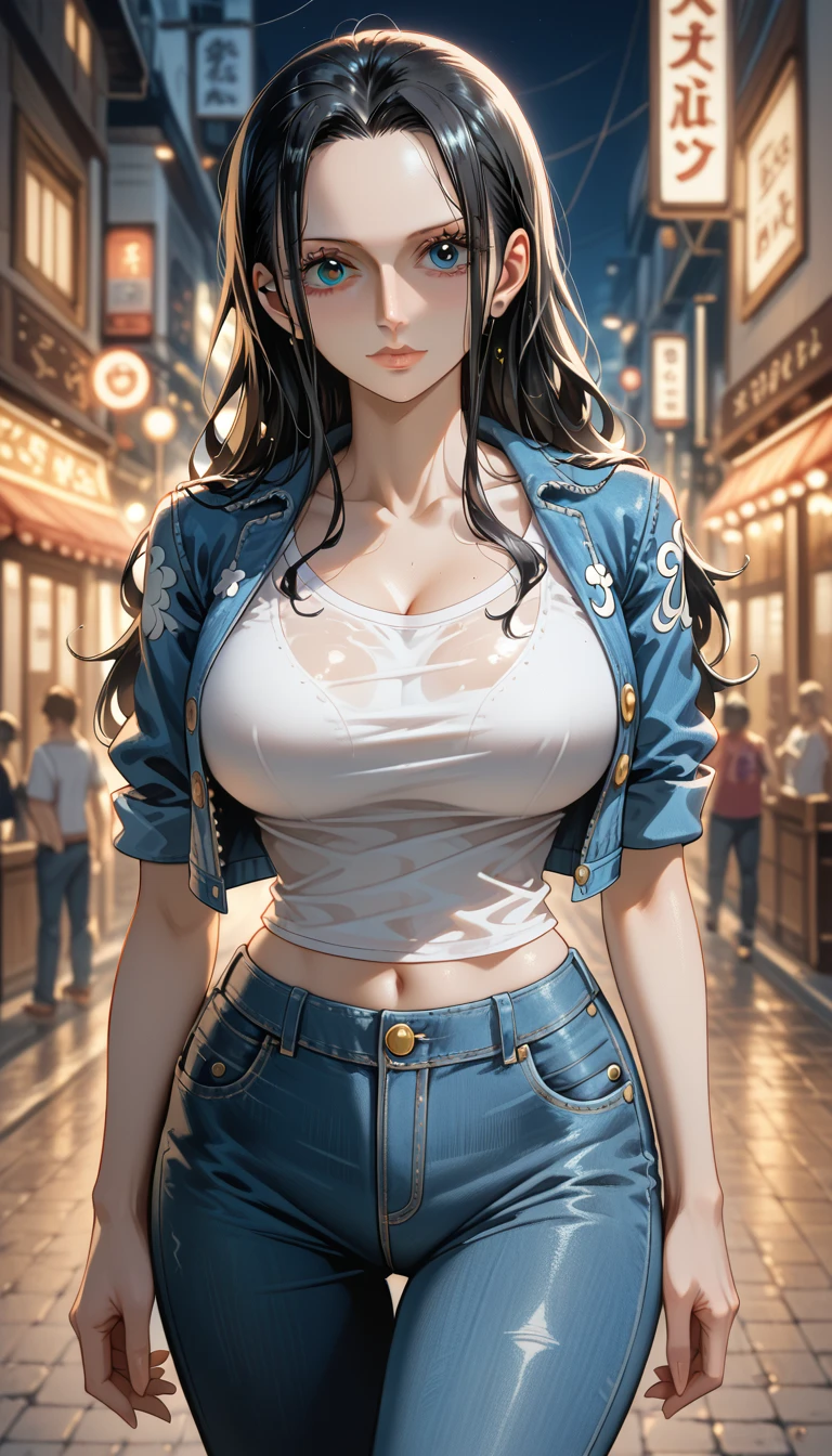 masterpiece, best quality, intricate details, 1girl, mature female, black hair, nico robin \ (one piece\), blue eyes, long hair, straight hair, hair slicked back, Denim jacket, white T-shirt, casual pants, (Fashionable clothing), female focus, large breast, wide hips, looking at viewer, ((front view)) ((close up shot)) ((solo)) detailed, very high resolution, no blurry image, cowboy shot, blue eyes, ((nico robin from one piece)) ((female nico robin from one piece)), outdoors, street, night