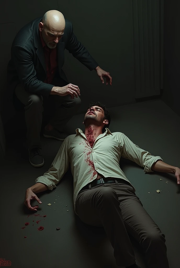 Caucasian male, black fur, elegant black clothes, thrown on the ground, pool of blood, open book on a table, another man, Brown hair, crying facial expression, Kneeling on the floor.