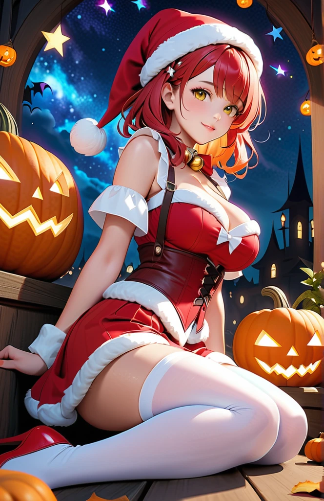 a beautiful young magical girl with large breasts, cleavage, tight red corset, short red shirt with white fluffy hem, red santa hat with small bell at the end and fluffy white rim, white stockings and suspenders with thigh-high red leather high-heeled boots, extremely detailed, photorealistic, 8k, highest quality, intricate magical effects, glowing magic circle, sparkling magical lights, beautiful starry night sky, mystical pumpkin, Halloween, cinematic lighting, fantasy, vibrant colors, digital art
