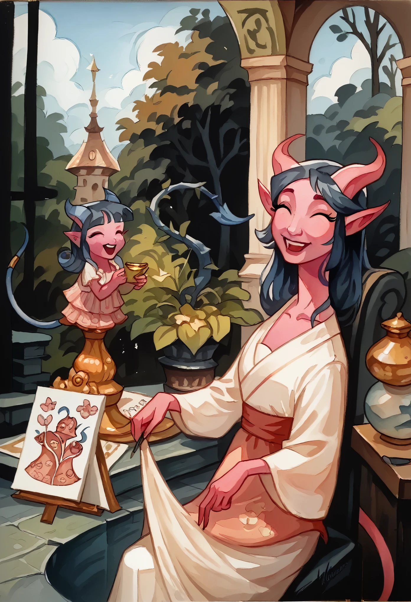 score_9, score_8_up, score_7_up, score_6_up, MulanXLP, hyper detailed, gouache painting:1.5, (a cute Tiefling girl and her mother:1.5), happy family scene, t4s14, beautiful horns, traditional media, watercolor, white background, warm pastel tones, blue vines and floral, aloof, cartoon, cute, endearing, portrait, Masterpiece, Anatomically Correct, Award Winning, Accurate, High Resolution, 