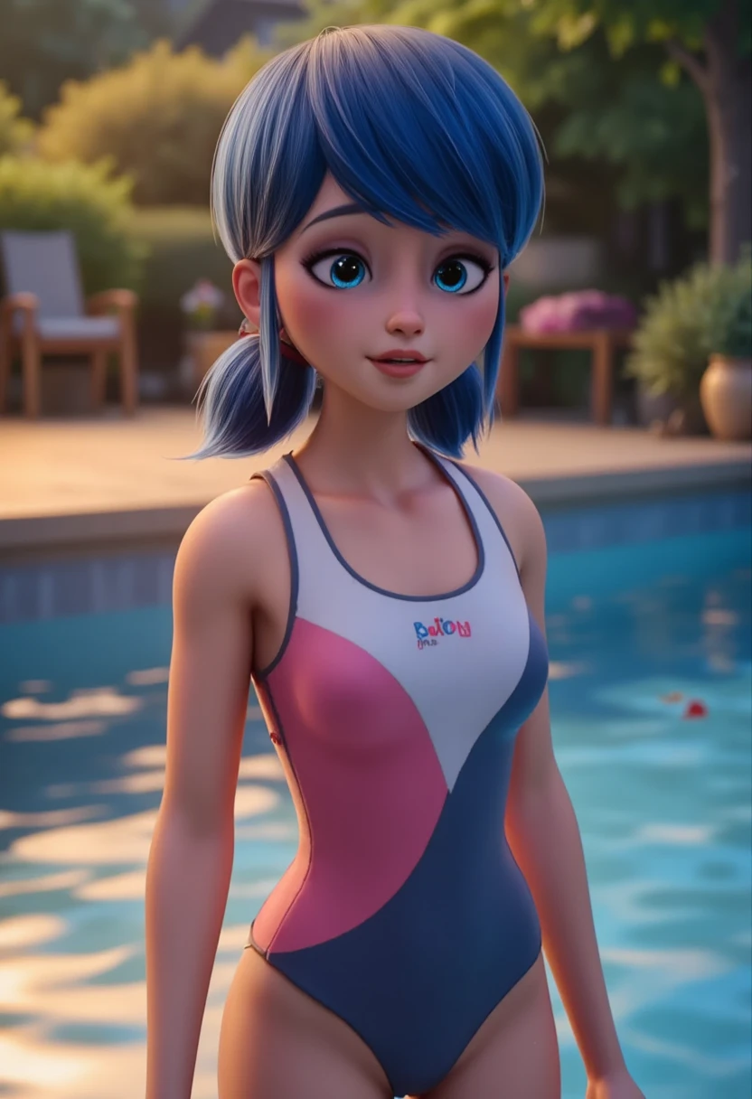  girl, Marinette Dupain-Cheng, wearing a pink and blue one piece swimsuit, blue light eyes, dark blue hair, in a school pool in paris, detailed face, detailed eyes, detailed hair, detailed swimsuit, realistic, photorealistic, 8k, masterpiece, intricate details, vibrant colors, natural lighting, beautiful scenery, outdoor, pool, teenage, school