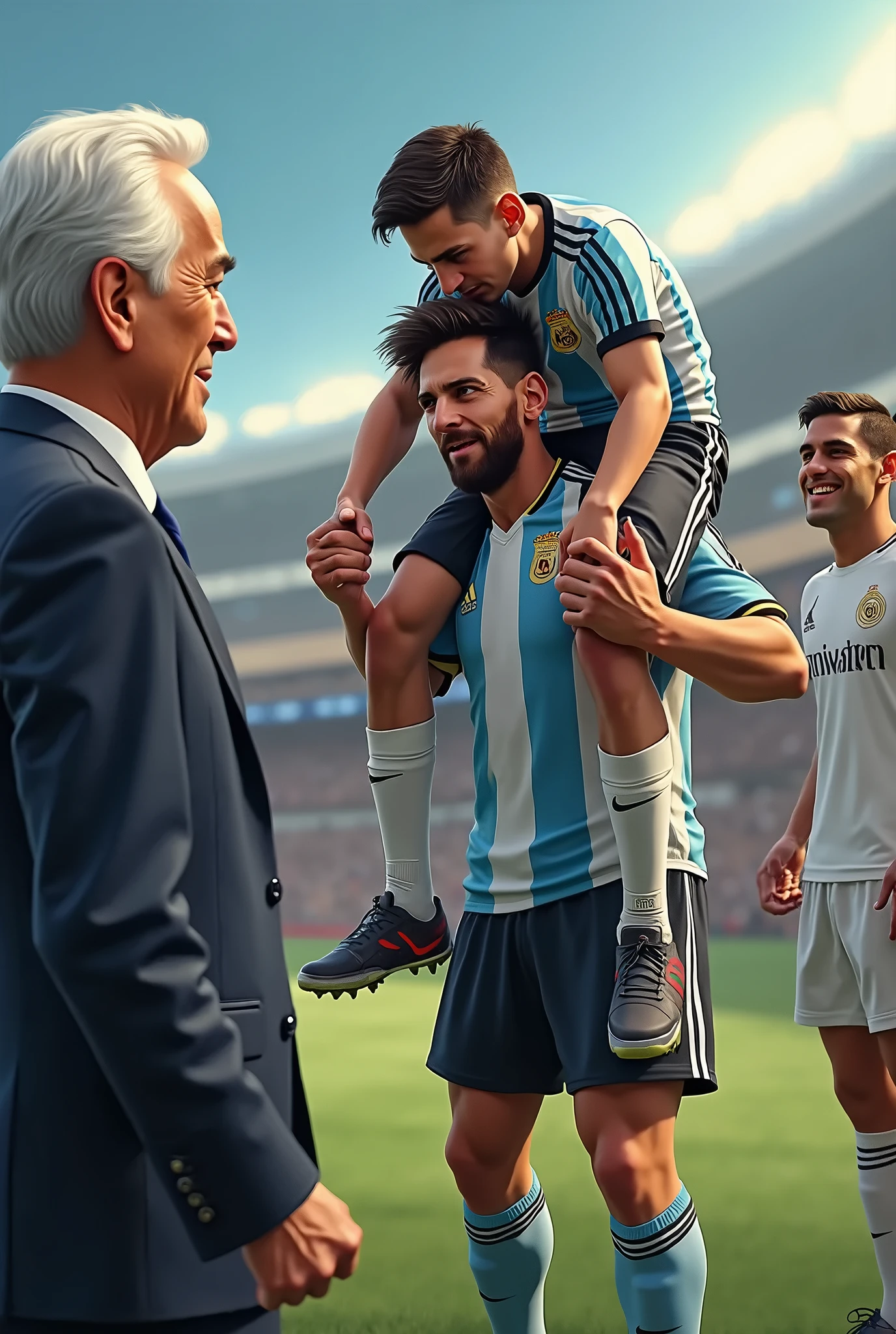 Gianni Infantino kissing Messi next to the World Cup and behind him Argentina players with the shirt kissing the football referees
