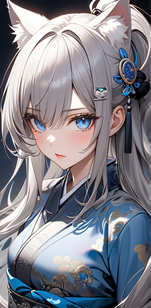 1girl, braided ponytail, light blue hair, white hair, blue eyes, blue snow flake tattoo on right cheek, white eyelashes, huge breasts, kimetsu no yaiba art style, masterpiece, cinematic lighting, cool color palette, highly detailed, hyper realistic, 8k, photorealistic, studio quality, sharp focus, winter theme, demon slayer uniform, dark blue and white pattern kimono, silver earrings, shiny skin