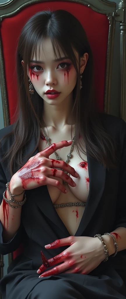 Corpse of a girl Death by stabbed with a sword, she was naked and her body covered of blood with hurt and shocked expresion she closed her eyes the sword stucked and impaled her body, suddenly she was death with big stab and impaled wound at her chest