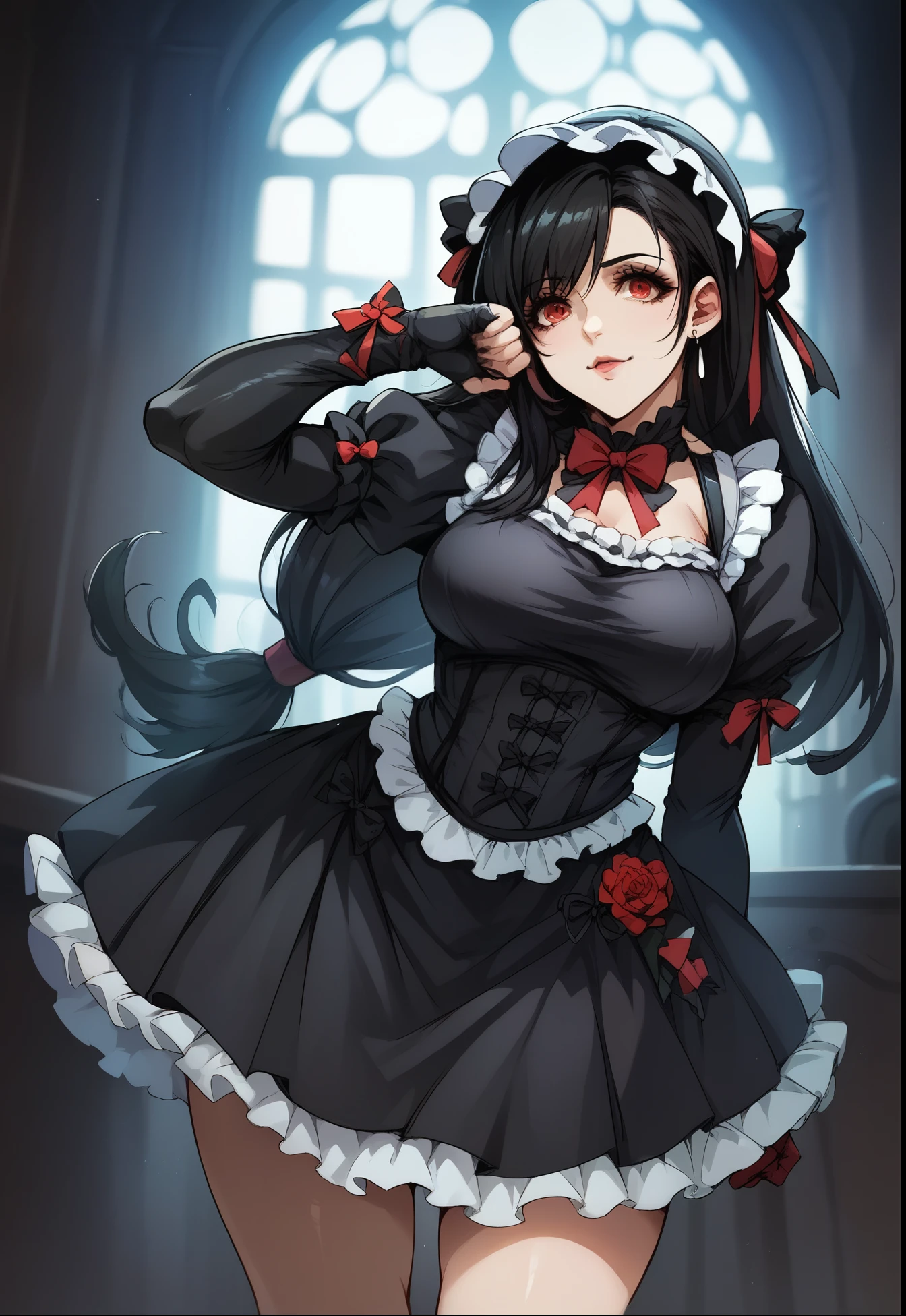 Tifa, Final Fantasy 7, gothic ta cosplay, stoic, spooky mansion, 