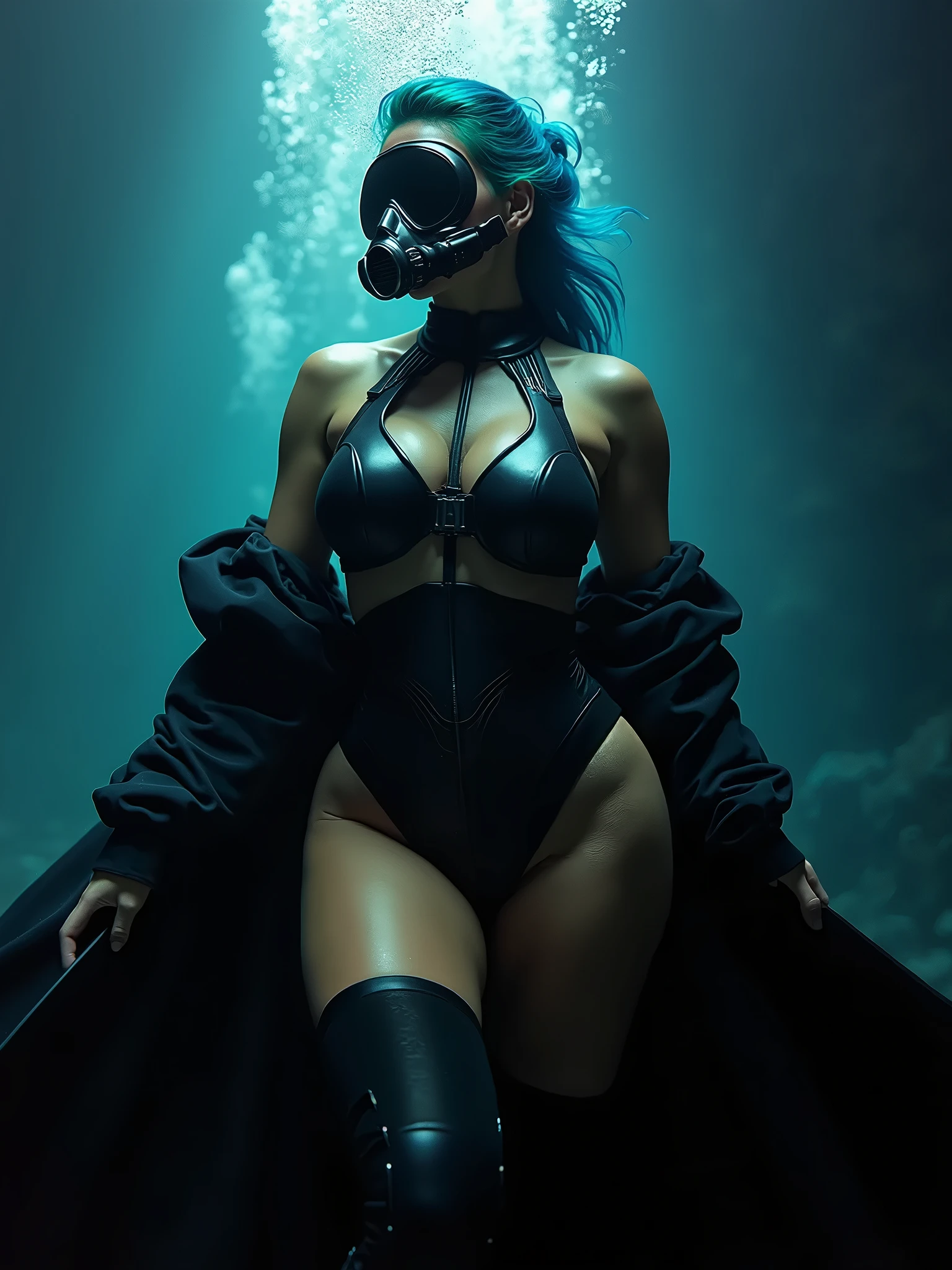 Wide angle shot of A statue of a black woman kneeling under the ocean, low light prism piercing through the water shining on it, ultra HD, unreal engine rendered, cinematic lighting, artgerm style, 32k, photorealistic image