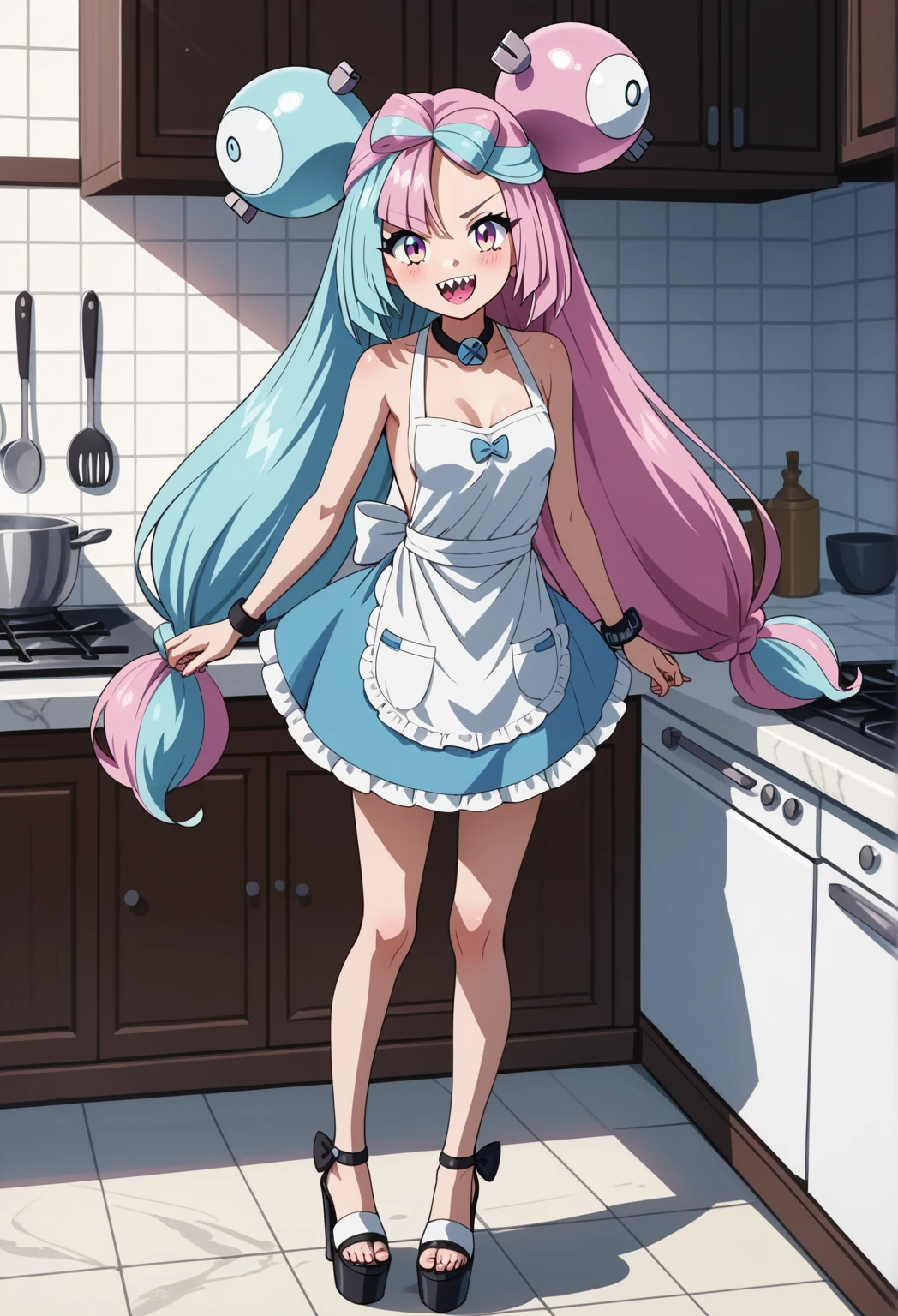 BREAK Those_Anime-Series, (pokemon iono, blue hair, bow-shaped hair, character hair ornament, hair ornament, long hair, low-tied long hair, multicolored hair, pink hair, sharp teeth, split-color hair, twintails, two-tone hair, pink eyes, small breasts, Best Quality, Masterpiece, ultra high resolution, anime screencap, apr0n, (nude apron),(hot pink:1.3 apron), platform heels, flirting with viewer, standing, kitchen
