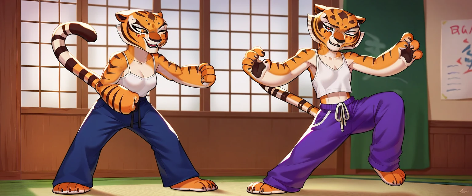 (Caucasian ethnicity) masterpiece , 4k,  lyrics, Tigress\(kung fu panda\), 2 lesbians, Purple Pants,  loose pants , plain pants,  martial arts pants , blouse,  bare shoulders , Home, Lesbian girl gets rid of the embarrassment by smelling her lesbian teacher's armpits