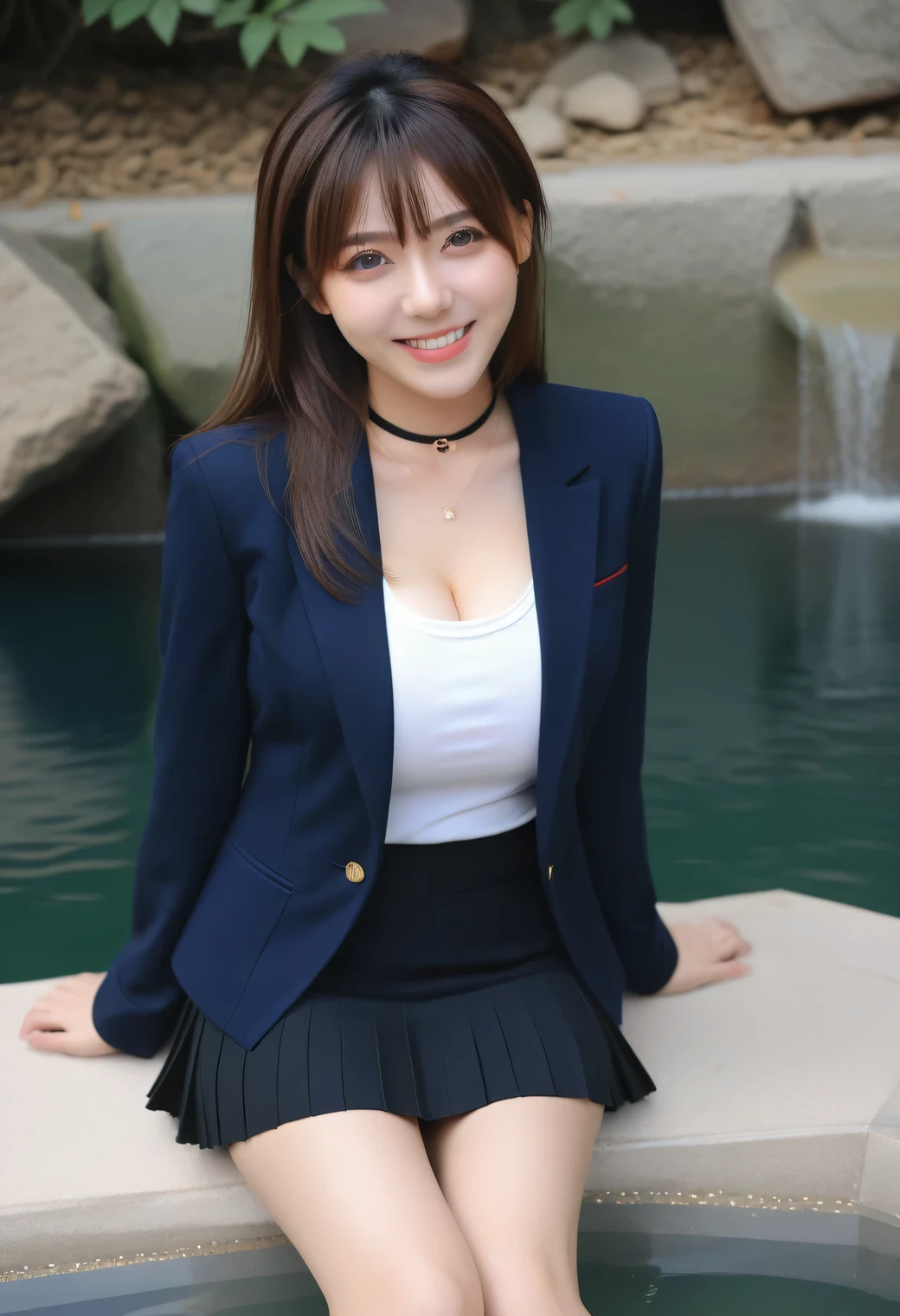 score_9, score_8, score_8up, score_7, Best Quality、masterpiece, group、((White tight shirt, navy blue blazer、 Miniskirt, uniform)), big breasts at the temple, ((layered haircut)), slender body sitting in a rock bath, Slim face(8k,Best Quality),Shooting from a medium distance,lecture hall, Adorable, smile, Long Brown Hair, black choker 、 Almond Eye、bangs、 firing from a medium distance, , ((Big Breasts))、Students listening to a lecture、Happy expression、 natural makeup、 they are sitting side by side taking class